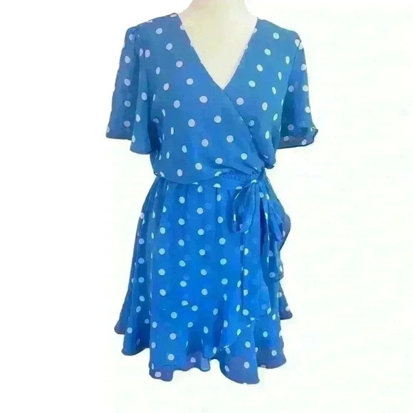 Mi Ami Mock Wrap Polka Dot Ruffle Mini Dress Size Small. Light Blue Graduation - Picture 1 of 6